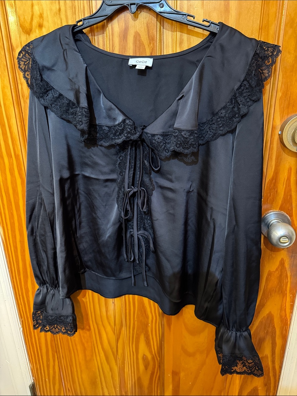 CeCe Black Satin Lace-Trim Tie-Front Blouse
